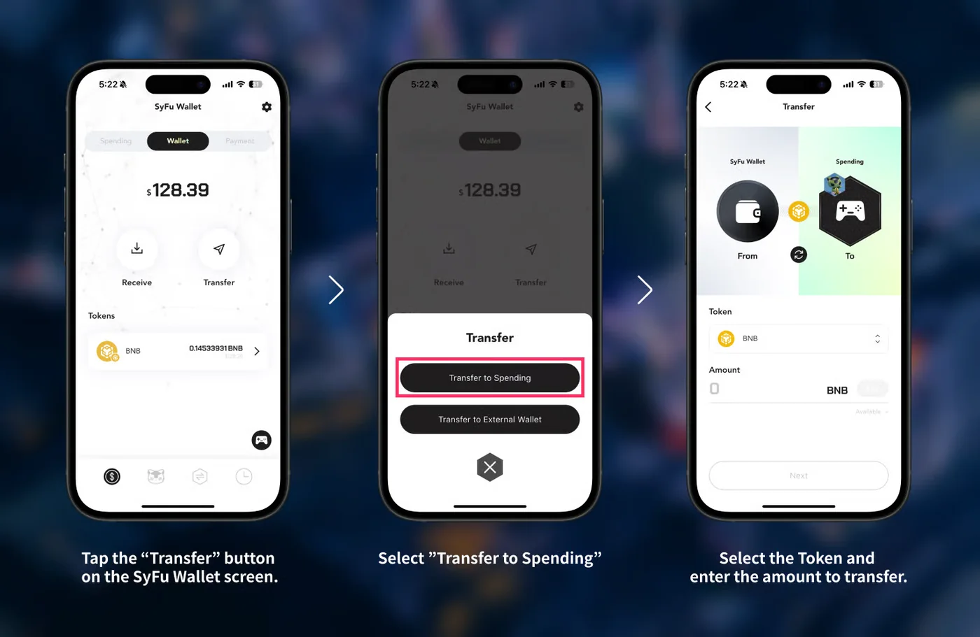 Steps for sending BNB from SyFu Wallet to Spending