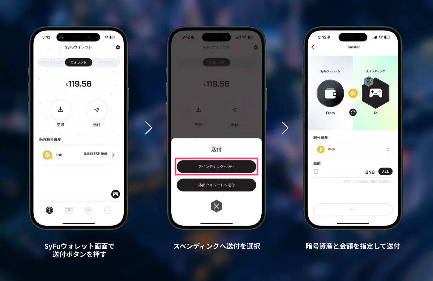 SyFuウォレットからスペンディングへBNBを送付する手順