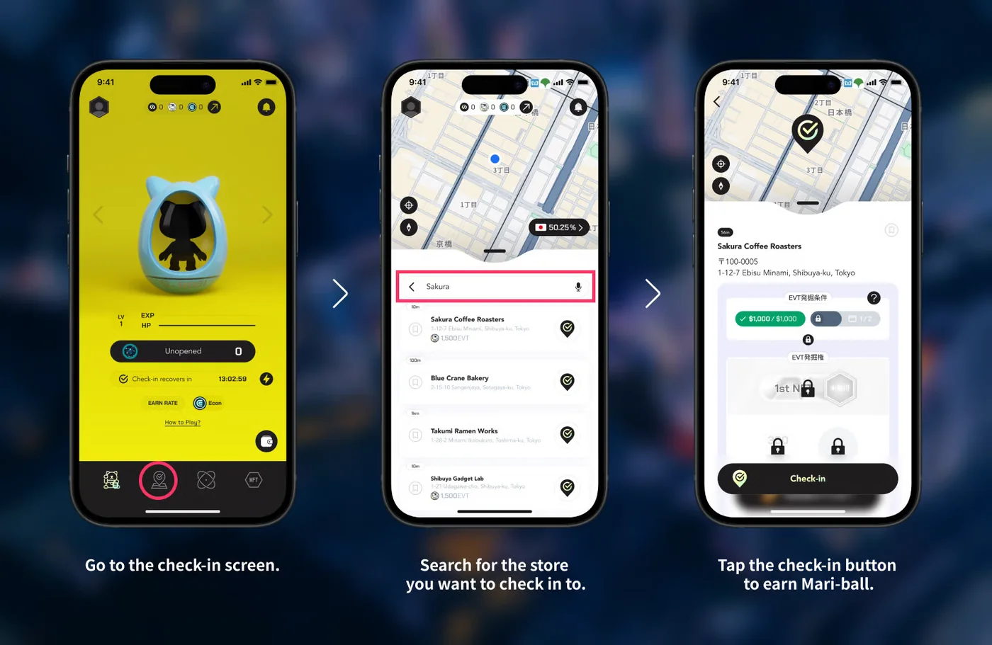 Steps for searching a store and checking in