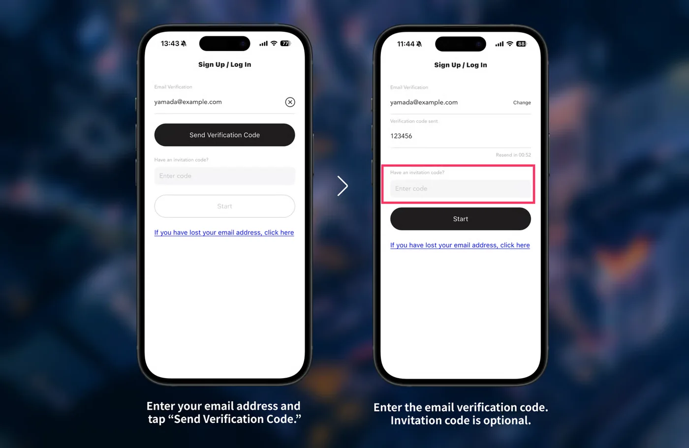 Steps for entering your email, verification code and invite code on the sign-up screen
