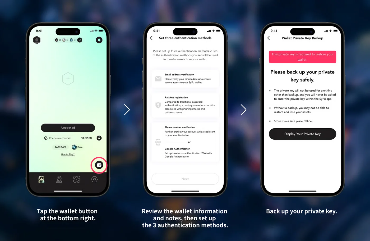 Steps for setting up three authentication methods and backing up your secret key